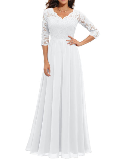 vmtvr Women&#39;s Elegant Vintage V Neck 3/4 Sleeve Floral Lace Chiffon Wedding Bridesmaid Maxi Dress Long Formal Dresses