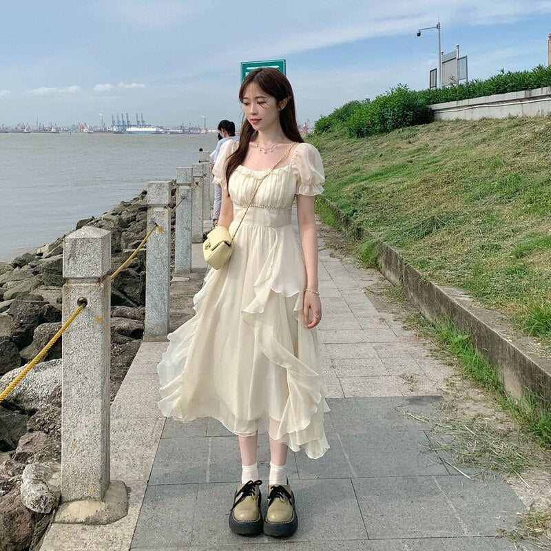 vmtvr - French Fairy Chiffon Midi Dress Women Short Sleeve Casual Boho Beach Sundress Women Pink Elegant Korean Dress Summer Chic