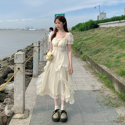 vmtvr - French Fairy Chiffon Midi Dress Women Short Sleeve Casual Boho Beach Sundress Women Pink Elegant Korean Dress Summer Chic