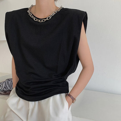 Designer Solid Color Cotton Short Sleeve T Shirt With Padded Shoulders Fashion Woman Blouses  Harajuku Aesthetic Sleeveless