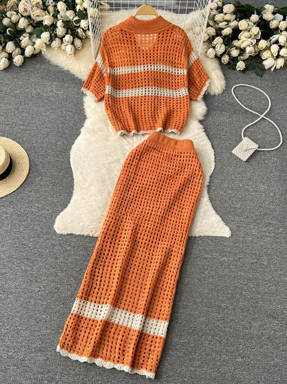 vmtvr - Korean Spring Summer Vacation Style Knitted Twi Piece Set Women Chic Hollow out Sweater Cardigan +Long Maxi Skirt Sets