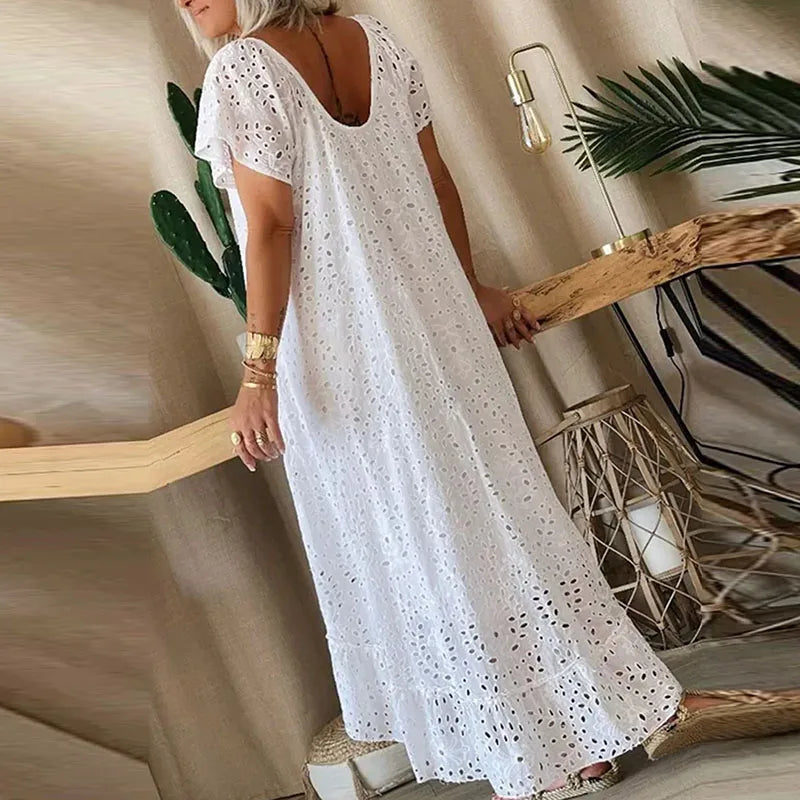 vmtvr  -  Fashion O-neck Ruffled Long Dress Elegant Lace Crochet Hollow Loose Party Dress Women Casual Short Sleeve Solid Maxi Dress