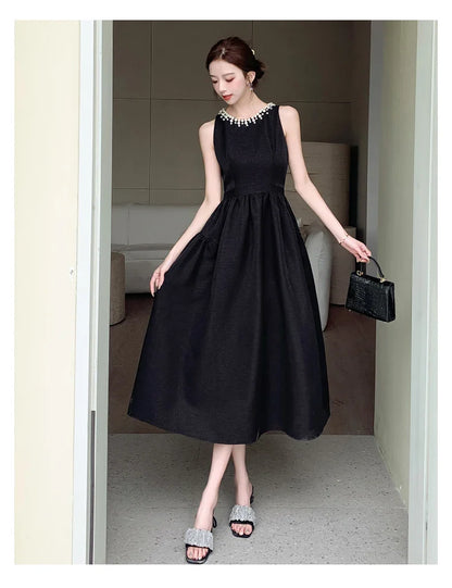 vmtvr  -  Elegant Black Midi Dress for Women Summer New Fashion Sleeveless A-line Pleated Solid Office Casual Korean Female Clothing