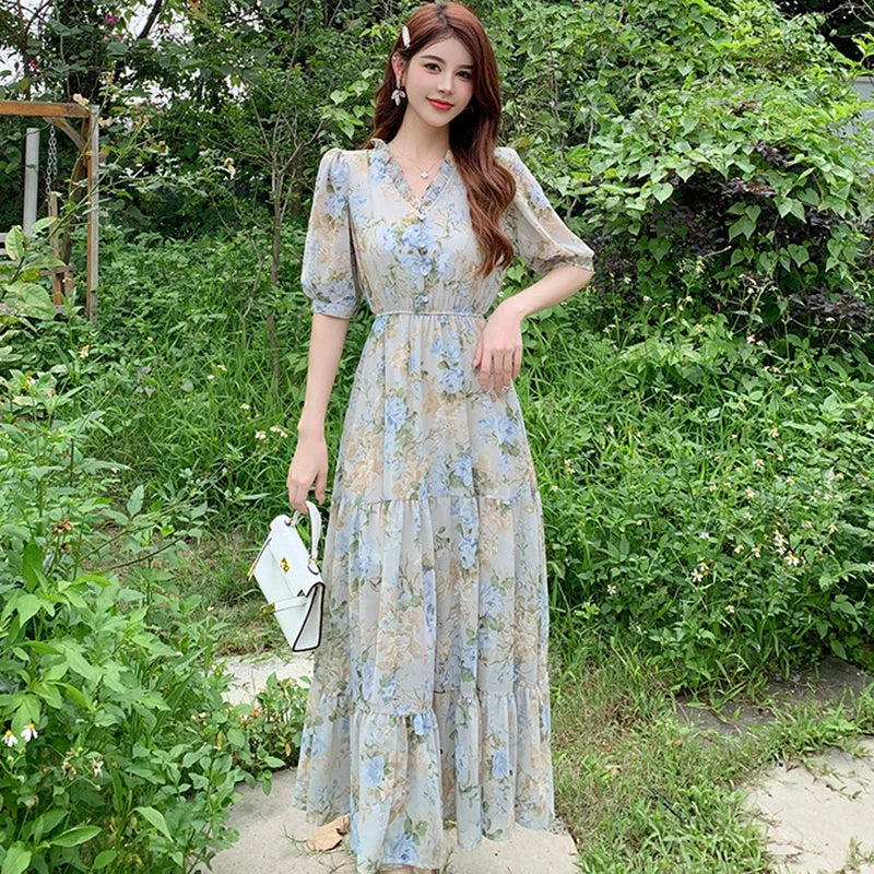 vmtvr 2024 Boho Floral Chiffon Chic Ruffled V-Neck Long Dress Summer Elegant Casual Fancy Women's Dress Bow Bandage One Piece Dresses