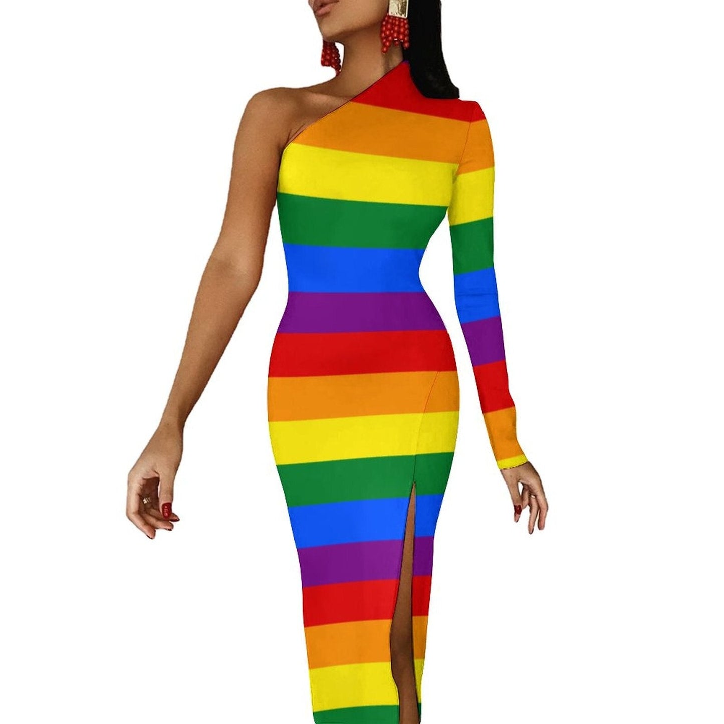 Rainbow Colors Maxi Dress Long Sleeve Colorful Aesthetic Cute Bodycon Dress High Slit Party Long Dresses Women Pattern Vestidos