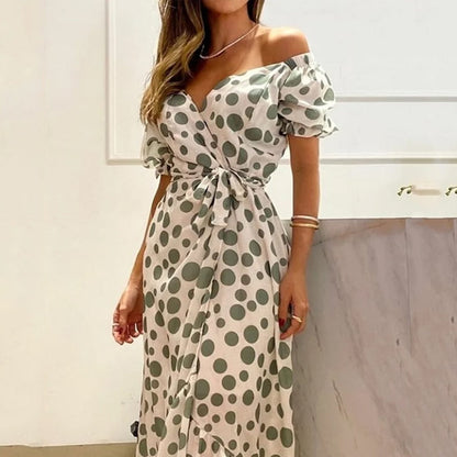 Women Maxi Dress Summer Trendy Strapless Puff Short Sleeve V Neck Lace Up Polka Dot Print Long Dresses High Streetwear