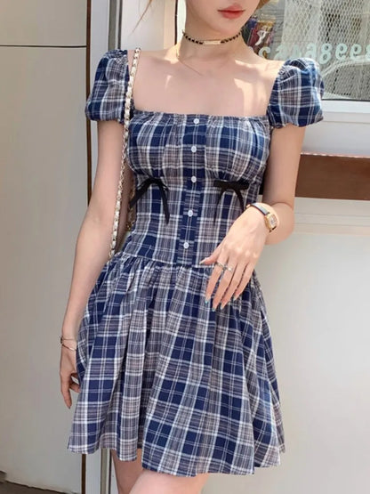 vmtvr  -  Y2K Plaid Short Dresses for Women Princess Birthday Party Dress Puff Sleeve Square Collar Bow Prom Summer Mini Vestidos Mujer