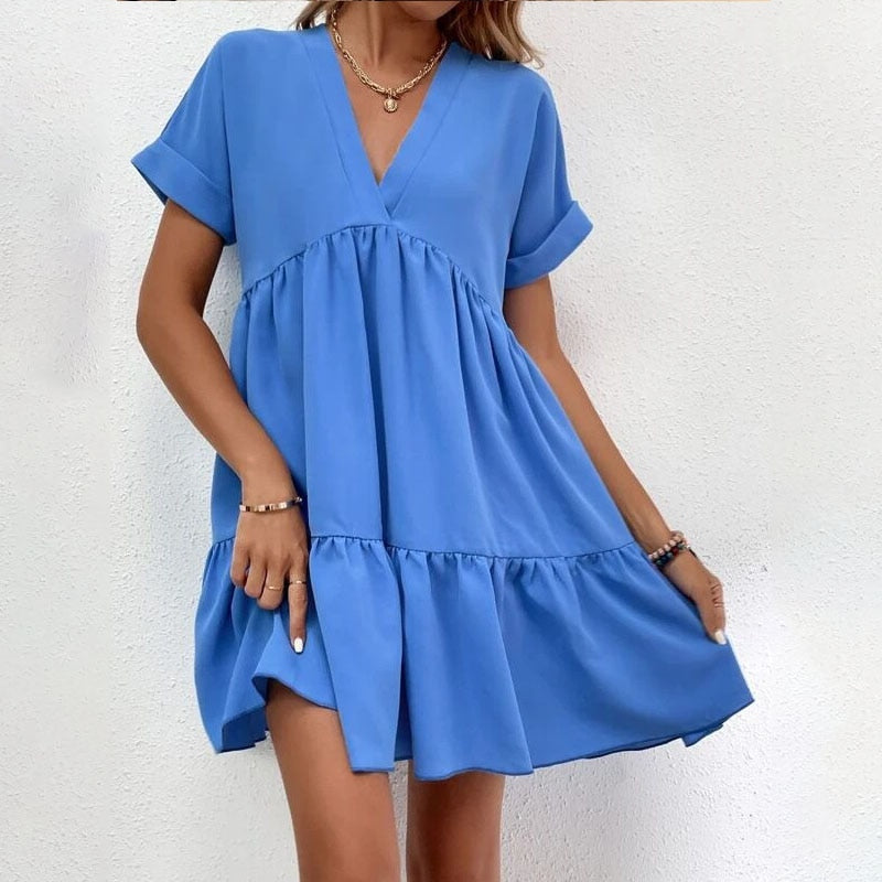 vmtvr - Casual Women Short Sleeve Mini Dress 2023 Spring Summer V-neck Loose Dresses Cute Solid Big Hem Beach Dress Robe De Plage