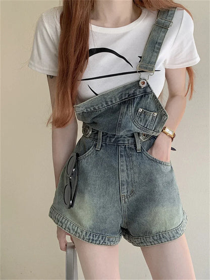 vmtvr OL Stylish New Overalls Shorts Denim Summer Loose Chic Wide Leg Vintage Office Lady Slim Jeanswear All Match