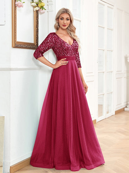 Sexy V-neck Chiffon Evening Dress Long Formal Prom Party Gown Full Sequins Long Sleeve Galadress Vestidos Women Dress