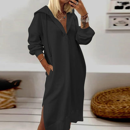 Spring Solid Long Sleeve Office Dress Chic Pocket Midi Length Women Casual Dresses Casual Loose Side Split Hooded Pullover Dress