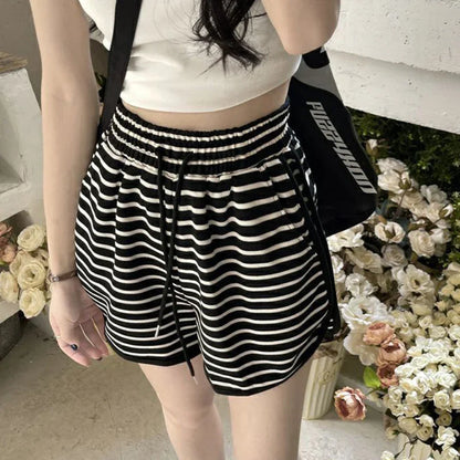 vmtvr Women High Waist Sports Shorts Summer Fashion Stripes Loose Wide Leg Pants Korean Casual Female All Match Shorts New