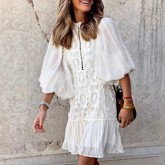 vmtvr - Elegant Bubble Sleeve o Neck Button Mini Dress Women Fashion White Lace Patchwork Holiday Dress Ladies Causal Slim Office Dress