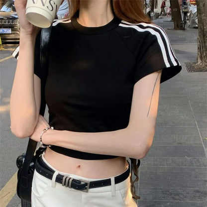 vmtvr Harajuku Summer Women Striped Short T-shirt Streetwear Fashion New Korean Clothing Drawstring Slim Basic Short Sleeve Crop Tops