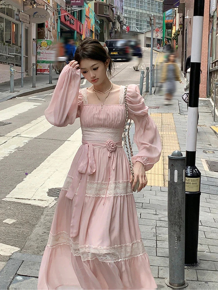 vmtvr  -  Summer Woman French Elegant Lace Midi Dress Party Long Sleeve Korean Fashion Dress Beach Chiffon Fairy Slim Dress Chic