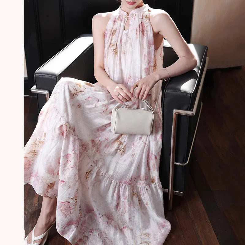 vmtvr O-Neck Elegant Women Summer Loose Dress Vacation Pink Floral Fairy Lolita Dresses Popular Bow Long Grunge Sleeveless Robe 2024