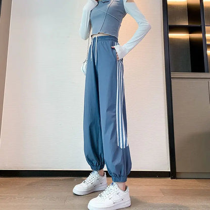 vmtvr Preppy Style Sweet Women Pink Striped Sweatpants Spring Summer Thin Fashion Harajuku Elastic High Waist Casual Casual Trousers