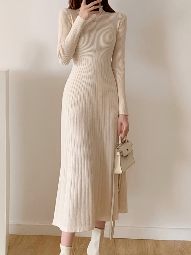 vmtvr - Autumn Winter Slim Long Sleeve Party Midi Dress for Women Knitted Half High Collar Elegant Knitted Sweater Dresses Ladies