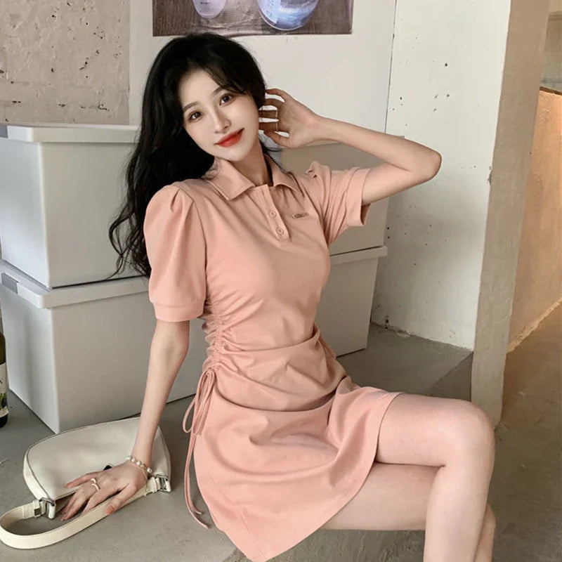 vmtvr women shirred pink dress summer streetwear Lace up female bodycon mini Dresses Y2K korean casual sexy short sleeve dress