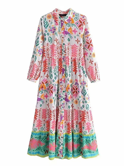 vmtvr  - Paisley Print Shirt Dress Elegant Autumn Spring Green Dress Floral Print Boho Female Maxi Dress Long Sleeve Vestido