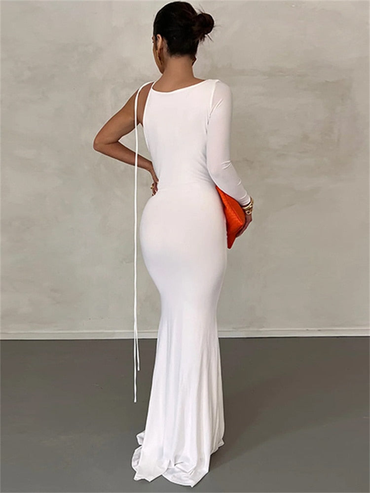 Lace Up One Shoulder Long Sleeve V-Neck Bodycon Maxi Dress For Women Birthday Party Evening Prom Autumn Sexy Y2K Clothes