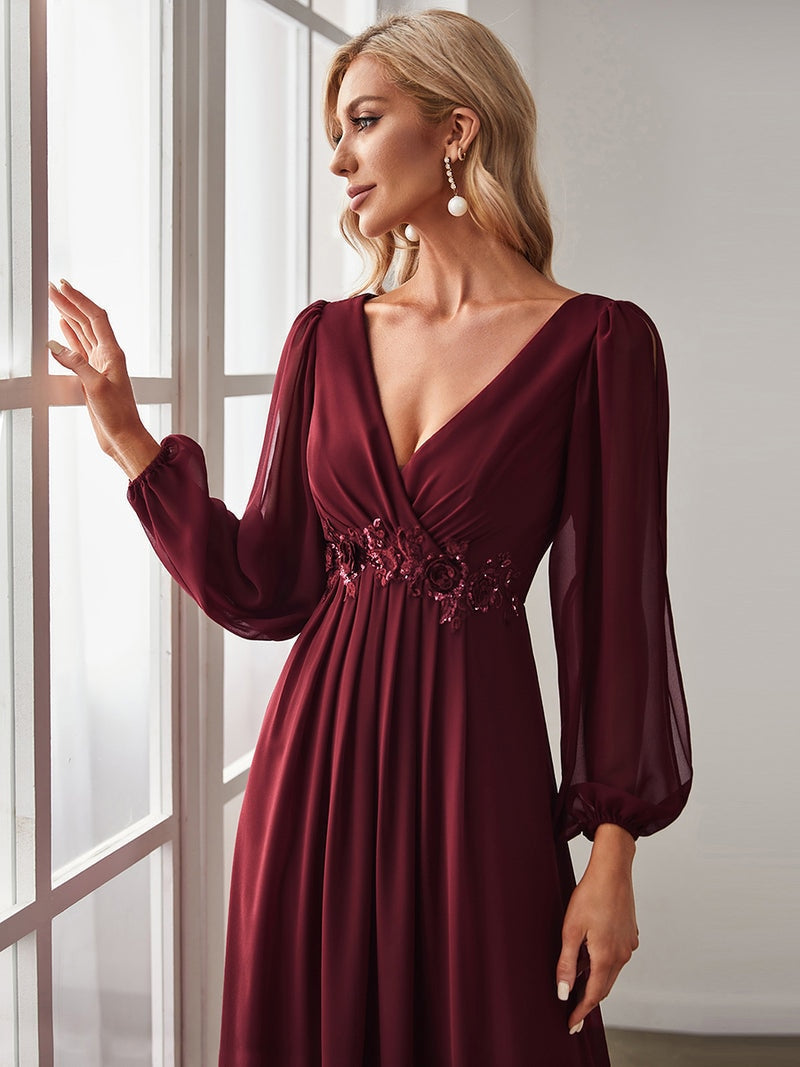 vmtvr - Elegant Evening Dresses Long Lantern Sleeves V-neck 2023 ever pretty of A-LINE Chiffon Burgundy flower beltbelt Prom Dress Women