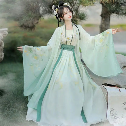 Hanfu Women Chinese Traditional Embroidery Stage Dance Dress Female Fairy Cosplay Costume Hanfu Gradient Blue&Green For Women