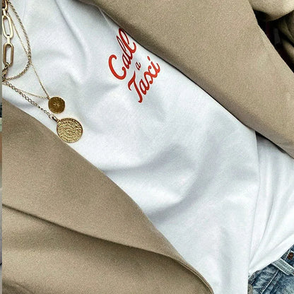 -Retro sports style outfit streetwear 90s fashion Call a Taxi Pocket Letters Printing Summer Casual T Shirts Female White Short Sleeve Loose Tops Vintage Style Cotton Tees