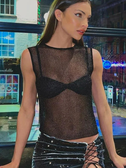 vmtvr Sexy Bright Silk Knitted Top Women Y2K Fashion Hollow Out See Through Slim Tank Top Summer Sleeveless Glitter Tops Streetwear