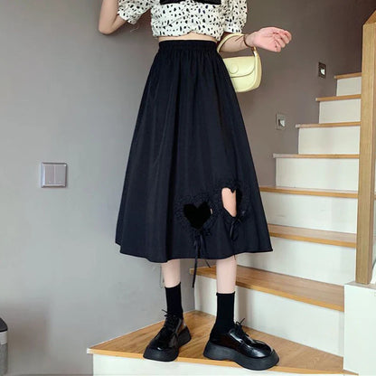 vmtvr Y2K Women Love Hollow Out Skirts Korean Streetwear Bow Black A Line Skirts Summer All Match Female High Waist Midi Skirts New