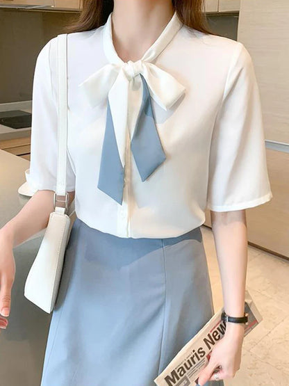 vmtvr Fashion Sweet Bow White Chiffon Shirt Women Korean Casual Short Sleeve Office Lady Blouse Summer All Match Loose Tops New