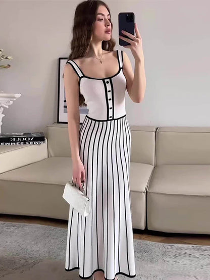 vmtvr  -  Striped Knit Sling Long Dress Women Elegant Strap Backless Sleeveless Patchwork Party Dresses Vintage Fashion Lady Robe