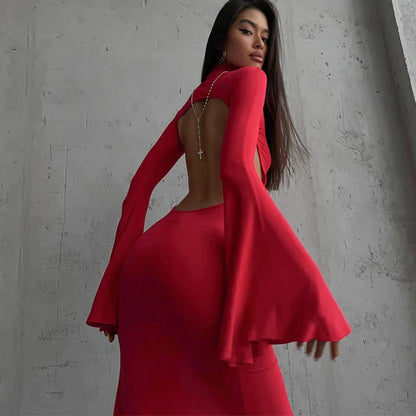 vmtvr Open Back Sexy Split Maxi Dress Elegant Outfits for Women Chic Flare Sleeve Party Club Fashion Red Dresses Vestido