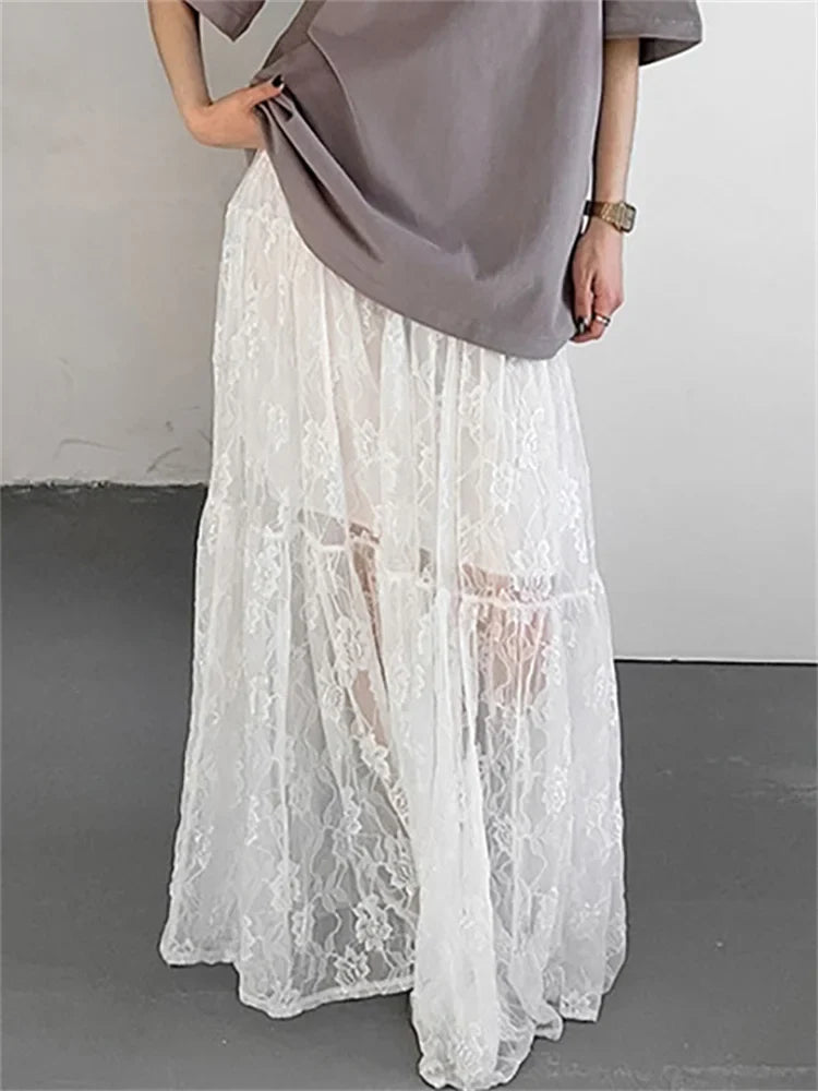 vmtvr White Printed Lace Maxi Skirt For Women High Waist Fashion See-Through Patchwork Summer 2024 Fashion Ladies Long Skirt New