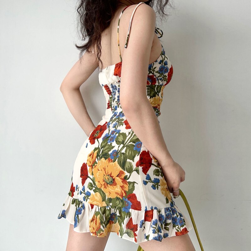 vmtvr - Flowers Sleeveless Mini Dresses for Women Summer Sexy Retro Vestidos De Mujer Ruffles A-line Slim Harajuku Korean Fashion