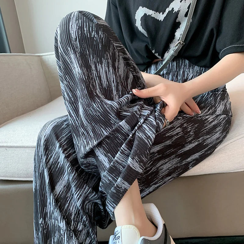 vmtvr Ice Silk Wide Leg Pants for Women High Waist Summer Straight Pant Full-length Cool Leopard Print Loose Casual Women's Long Pants