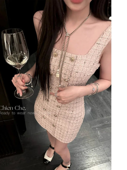 vmtvr  -  Small Fragrant Elegant Vest Dress Female Fashion Simple Korea Chic Birthday Party StrapSkirt Sweet Sexy Slim Tweed Dress Women ﻿