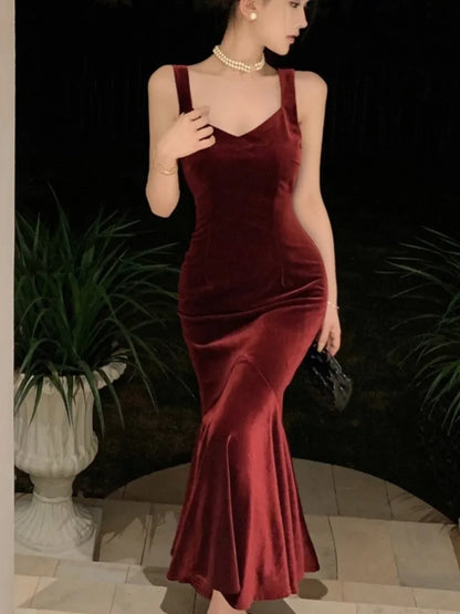 vmtvr Elegant Solid Velvet Dress Women Spaghetti Strap Slim Mermaid Wrap Hip Autumn Vintage Female Evening Party Wedding Vestidos New