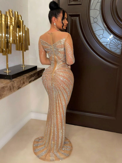 vmtvr Sexy Rhinestones Floor-length Evening Dresses Luxury Elegant Women's O-neck Long Sleeve See-through Mesh Night Club Long Dress