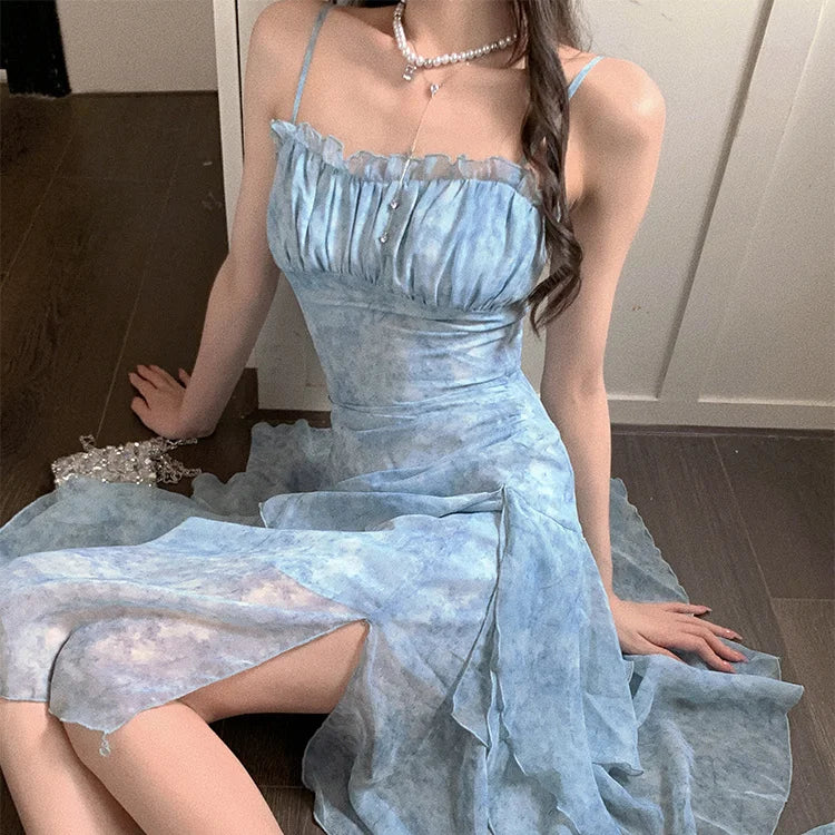 vmtvr  -  Korean Fashion Blue Floral Chiffon Camisole Dress with Summer Irregular Holiday Style Slit Long Dress Female Clothing