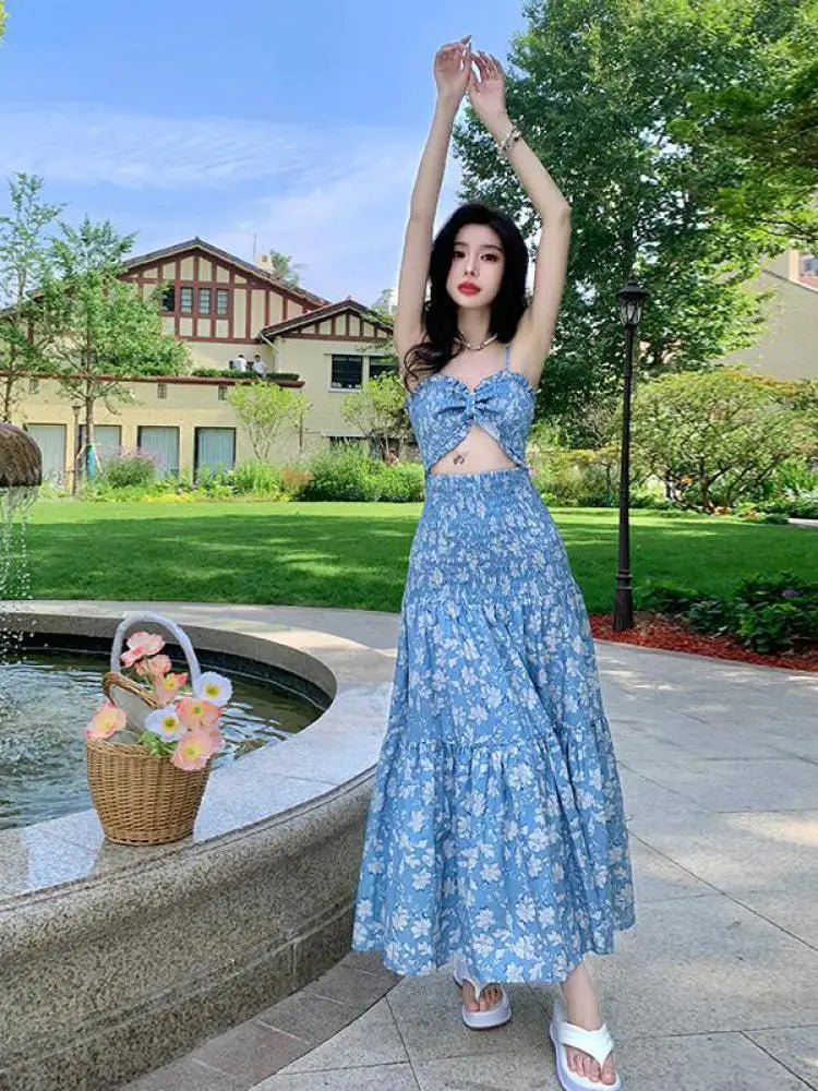 vmtvr Women Elegant Blue Floral Print Sleeveless Backless Long Slip Dress Sexy Summer Sweet Birthday Party Club Pleated Dress Y2k