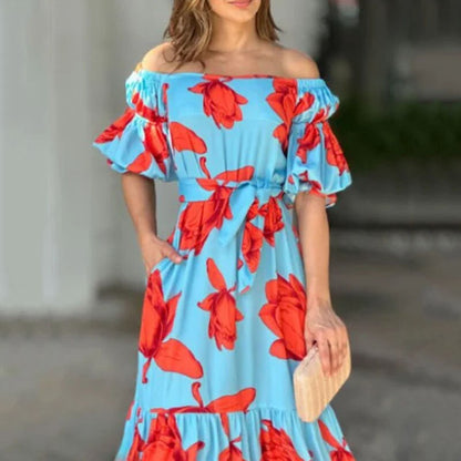 Women Maxi Dress Summer Fashion Print Short Puff Sleeve One Shoulder Lace Up Slim Nipped Waist Holiday Long Dresses