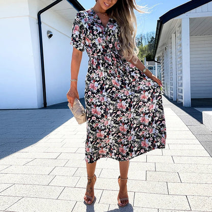 vmtvr New Spring Floral Print Boho Long Dress Women Elegant Wrap V-neck Belted A-Line Party Dress Summer Short Sleeve Loose Maxi Dress