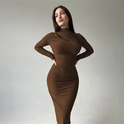 Autumn Elegant Ruched Long Bodycon Dress Fashion Outfits for Women Club Party Slinky Sexy Dresses Birthday Robes