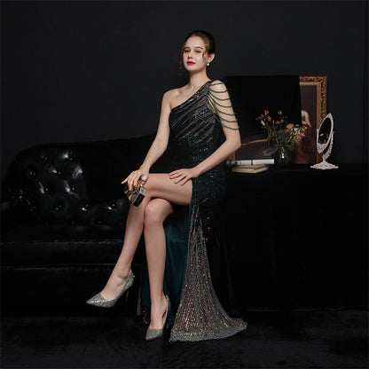 vmtvr - Elegant One Shoulder Slit Gold Sequin Evening Dress  Women Beads Party Maxi Dress