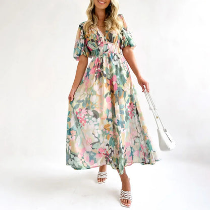 vmtvr  -  Summer Casual Puff Sleeve Party Dress Women Fashion Pattern Print Pleated Long Dress Elegant V-neck Hight Waist Boho Maxi Dress