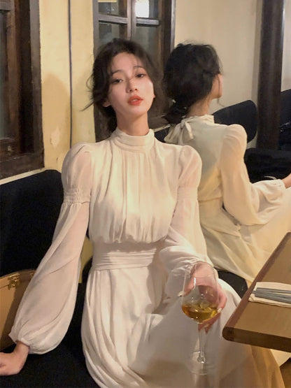 vmtvr -  Spring Turtleneck White Midi Dress Women  Long Sleeve French Elegant One Piece Dress Korean Fashion Y2k Clothing Design