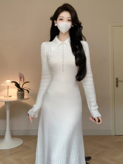 vmtvr  -  Elegant White Knitted Dresses for Women Autumn Winter Korean Fashion Slim A-line Long Sleeves Sweater Casual Female Clothes