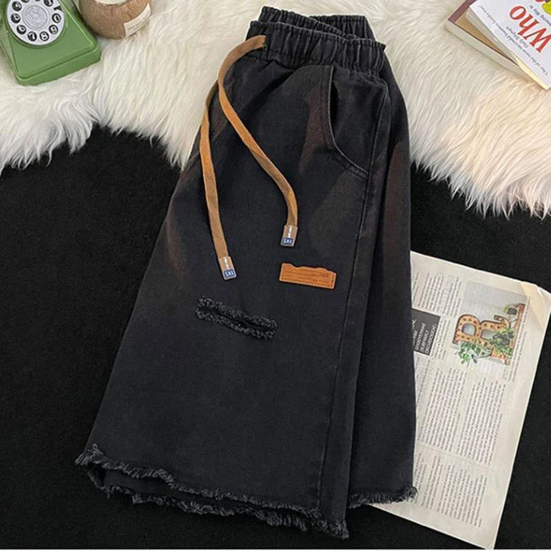 vmtvr Women Ripped Denim Shorts Summer Korean Fashion Tassels Loose Wide Leg Pants Casual Streetwear Female High Waist Shorts