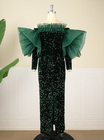 vmtvr - Cocktail Dresses For Women Evening Party Women's Green Dress Formal Off Shoulder Sequin Velvet Long Dress Fall Winter Elegant Sparkly Birthday Party Cocktail Even Gown